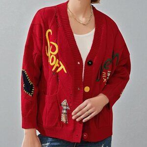 New Women’s Casual Red Knit Oversized Cardigan with Embroidered Lettering Size M
